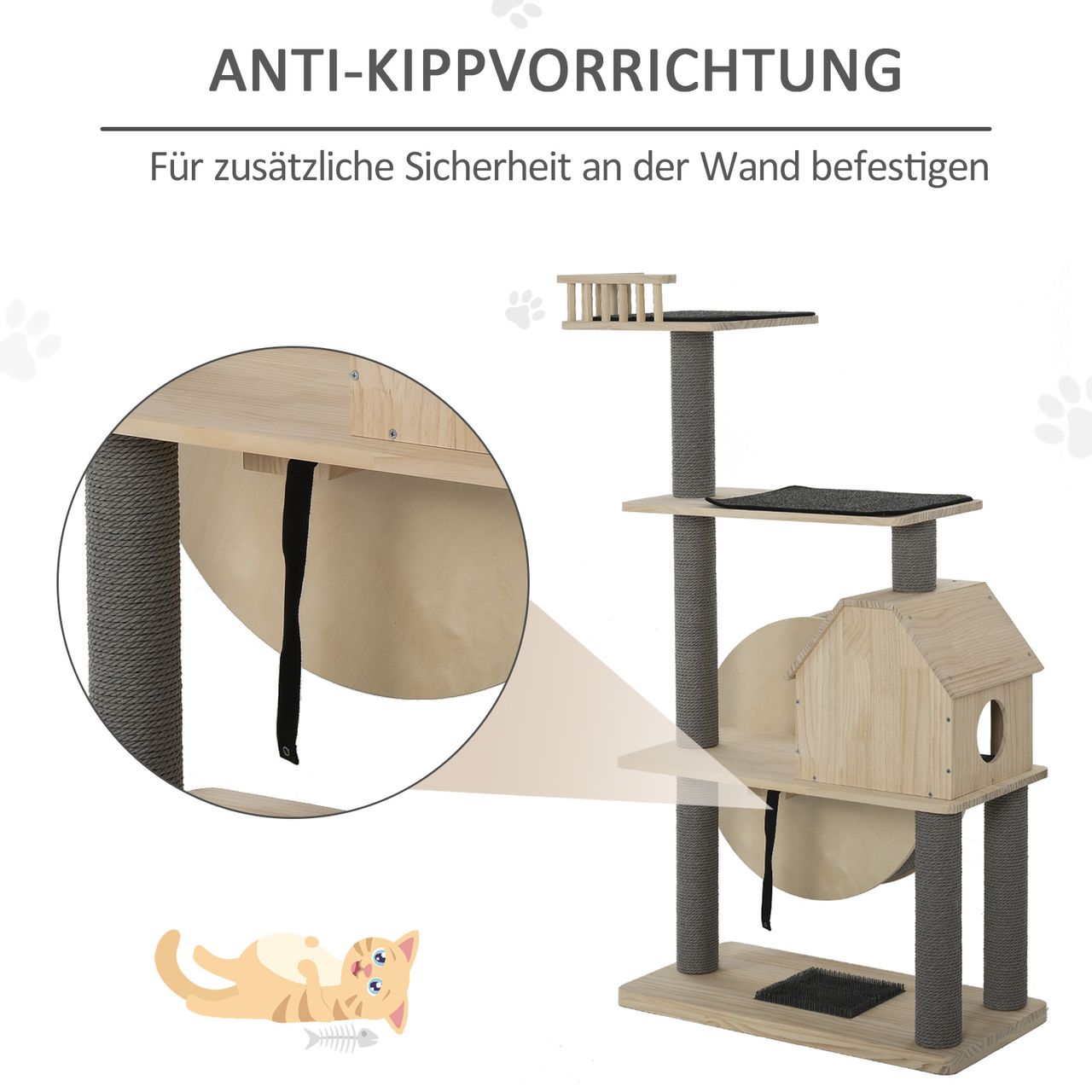 PawHut Katzenbaum mit Laufrad, 4-Stock Kratzbaum, Katzenhaus mit Sisalsäulen, Katzenhöhle, Massivholz 80 x 50 x 143 cm