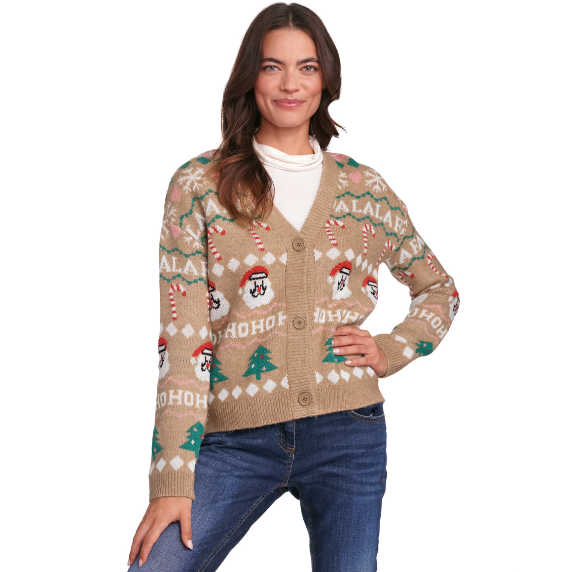 Damen Weihnachtsstrickjacke mit V-Ausschnitt beige