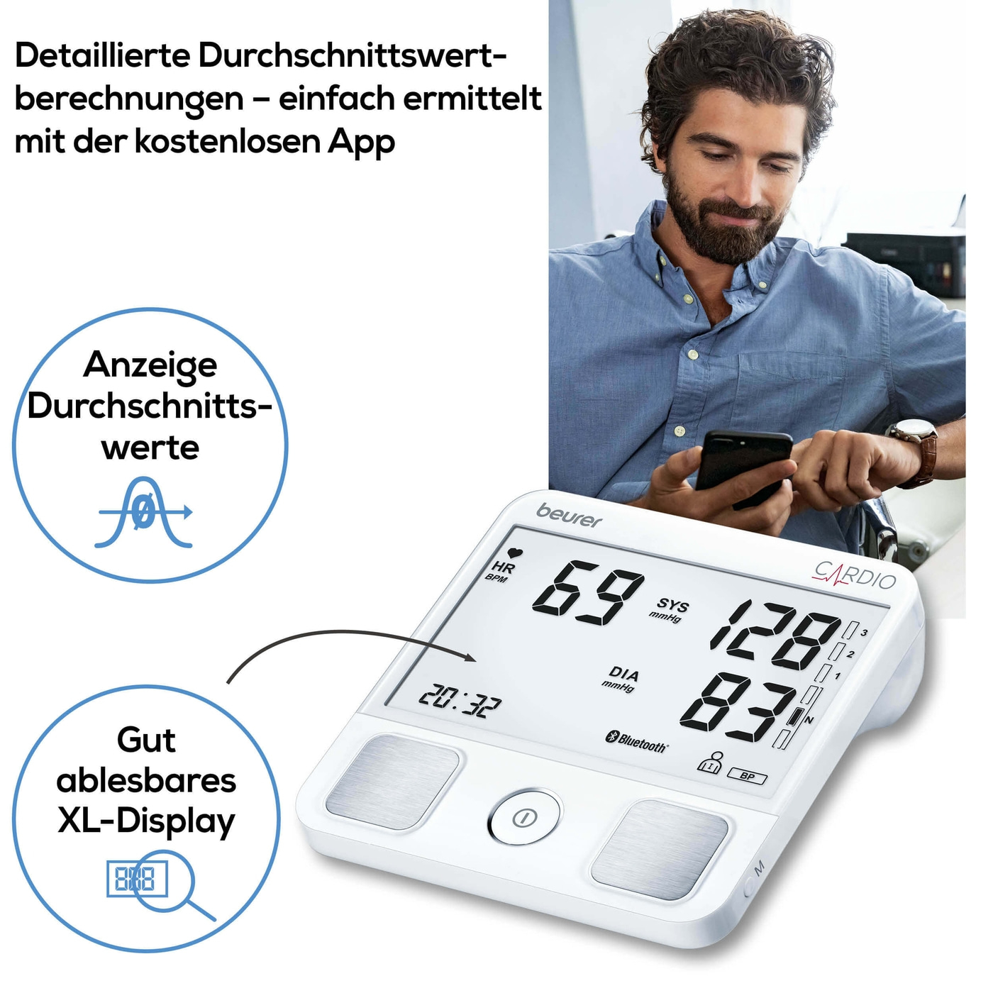 Beurer Oberarm-Blutdruckmessgerät BM 93 mit EKG Funktion-Bluetooth® Oberarm-Blutdruckmessgerät mit Risiko-Indikator & EKG-Fingersensor