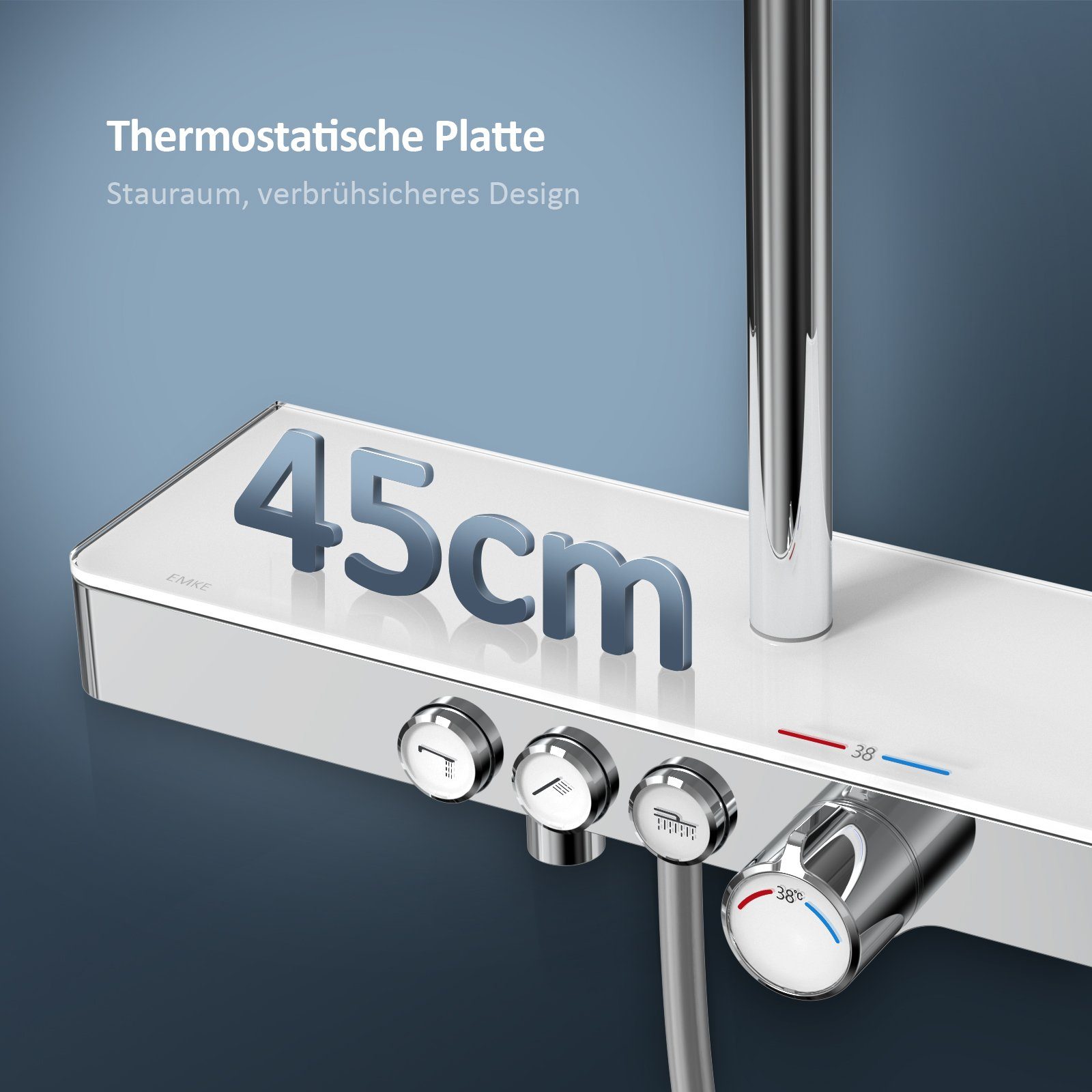 EMKE Duschsystem Duschsystem mit 38℃ Thermostat Glasablage Handbrause Regendusche, 3 Strahlart(en), Wasserauslass Verbrühungsschutz, Wandmontage, Duschamaturenset, Chrom