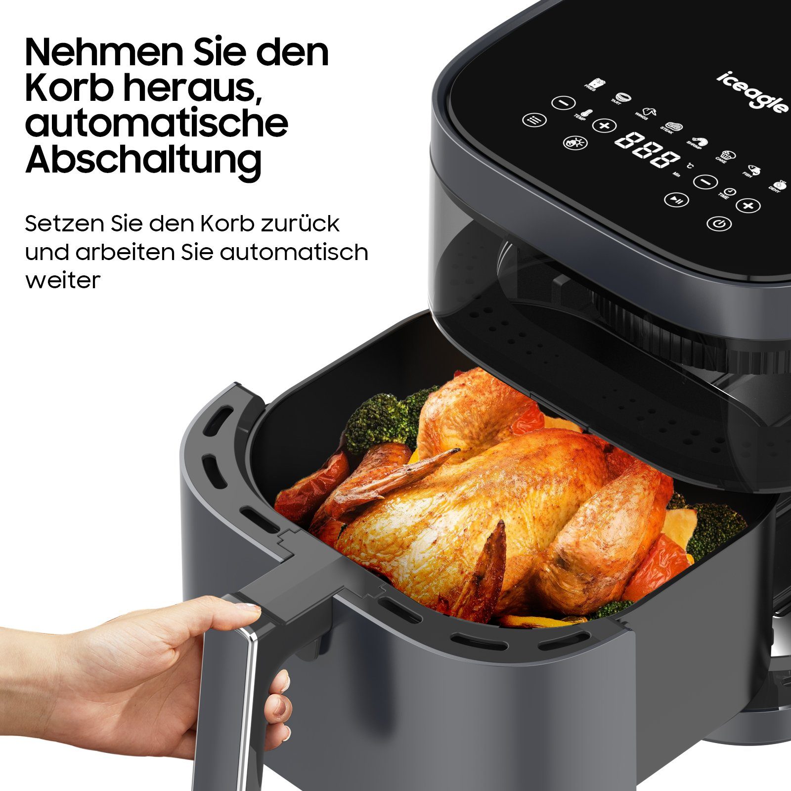 iceagle Heißluftfritteuse Heißluftfritteuse KDF-615A 6.7L Air Fryer mit Sichtfenster, 1700,00 W, 8 Voreingestellte Funktionen, Sichtbares Sichtfenster, Einstellbare Temperaturregelung, Einfache Reinigung, Individueller Lichtsteuerung, onhe Öl, Grau