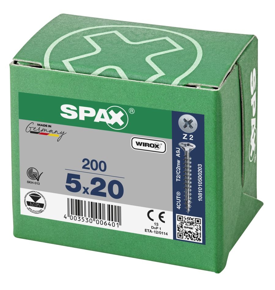 SPAX 1081010500203 Universele schroef 5 x 20 mm, Voldraad, Verzonken kop, Kruiskop Z2 - 200 stuks