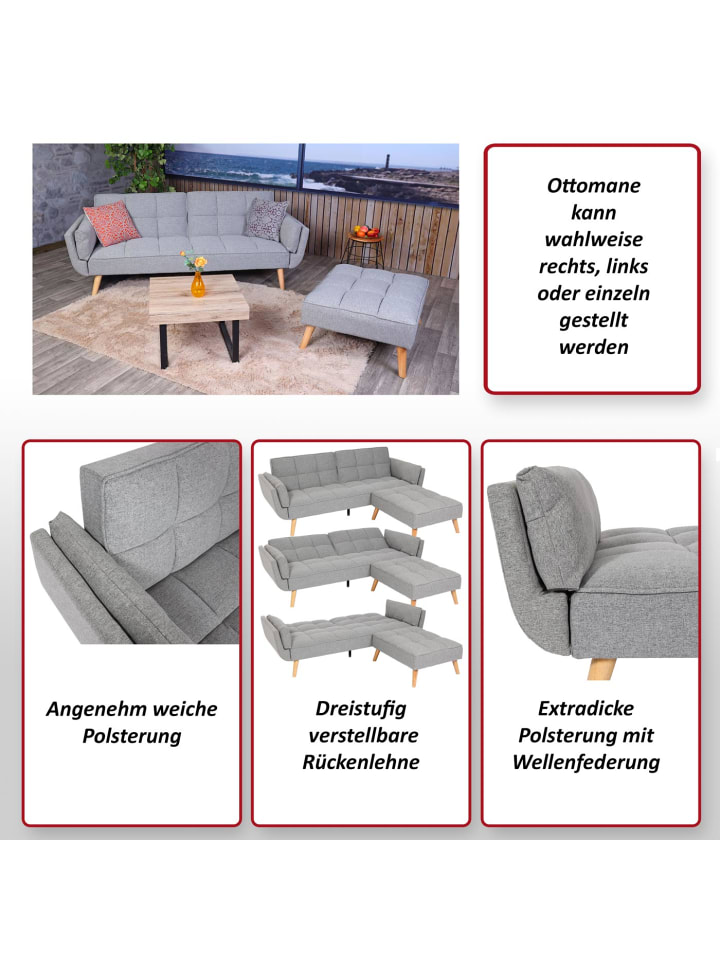 MCW Schlafsofa K18 mit Ottomane, Stoff/Textil hellgrau günstig kaufen onesize