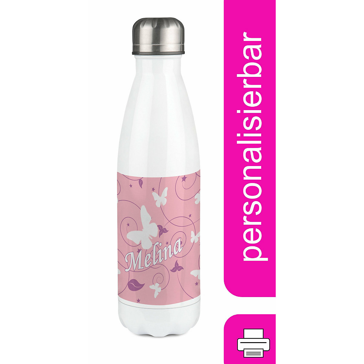 Edelstahl Kinder Thermoflasche / Trinkflasche bunt Schmetterling Ornamente Farbe rosa lila Spülmaschinenfest, Auslaufsicher, Bruchfest, Doppelwandig, Für Heißgetränke geeignet, Mit Deckel, Isolier