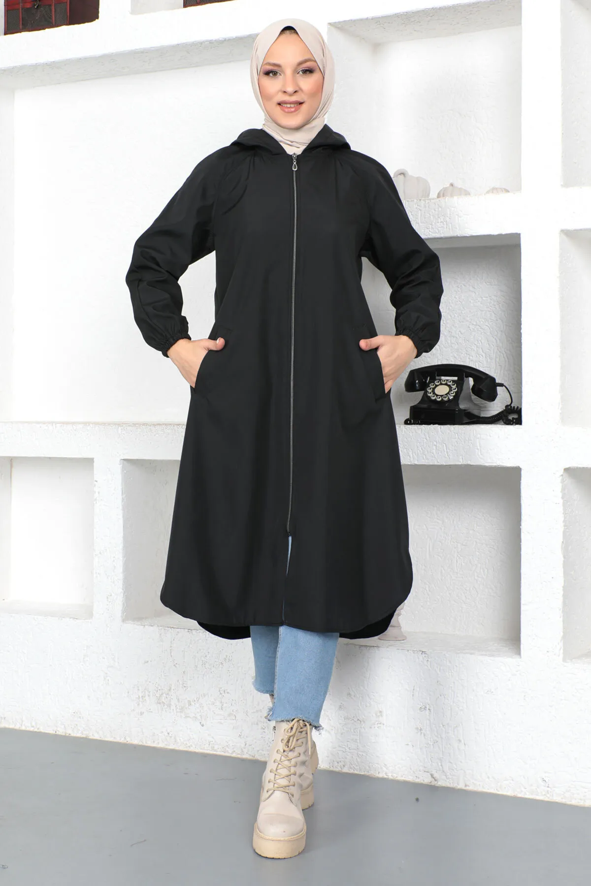 Tesettür Dünyası  Trenchcoat mit Reißverschluss Tsd230403 Schwarz