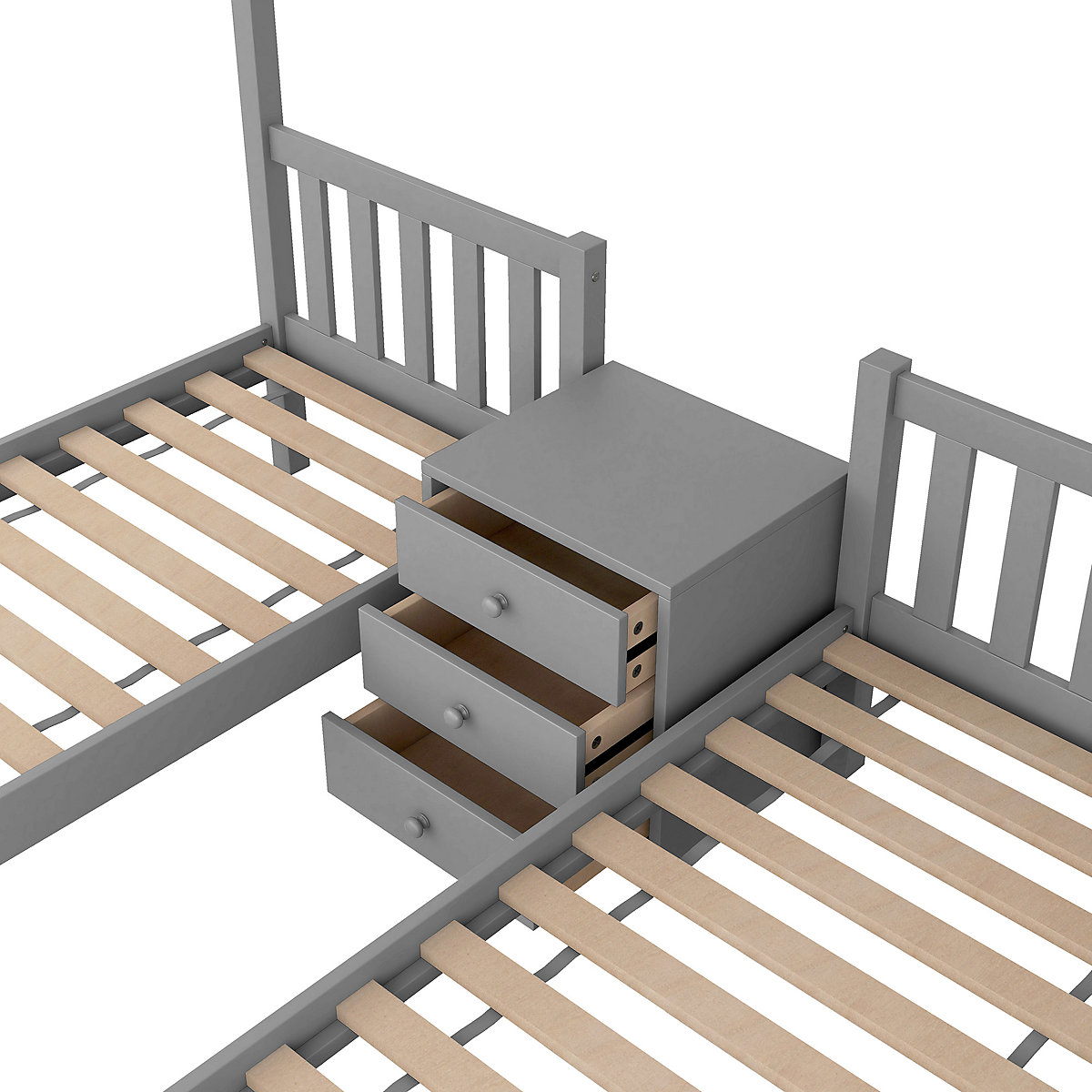 Etagenbett 90x200 Kinderhochbett mit Nachttisch, Dreibett, Massivholz, mit Schrank