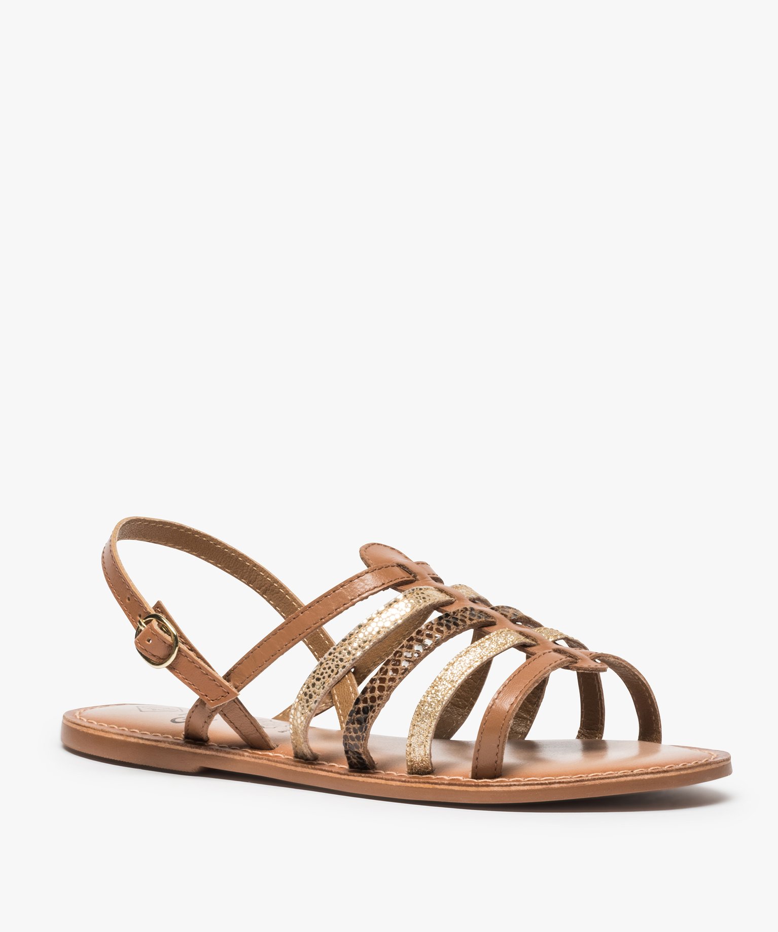 Sandales femme spartiates en cuir spécial pied large camel | GEMO