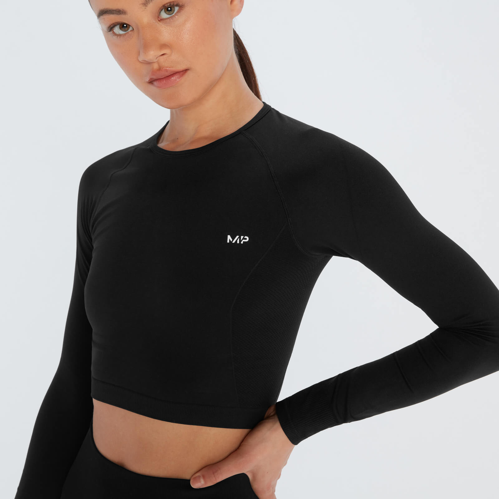 Crop top sans coutures à manches longues MP Shape Seamless pour femmes – Noir