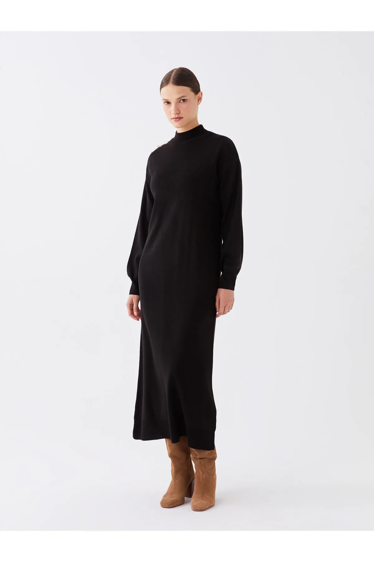 LC Waikiki  Gerades, langärmliges Damen-Strickkleid mit halbem Rollkragen