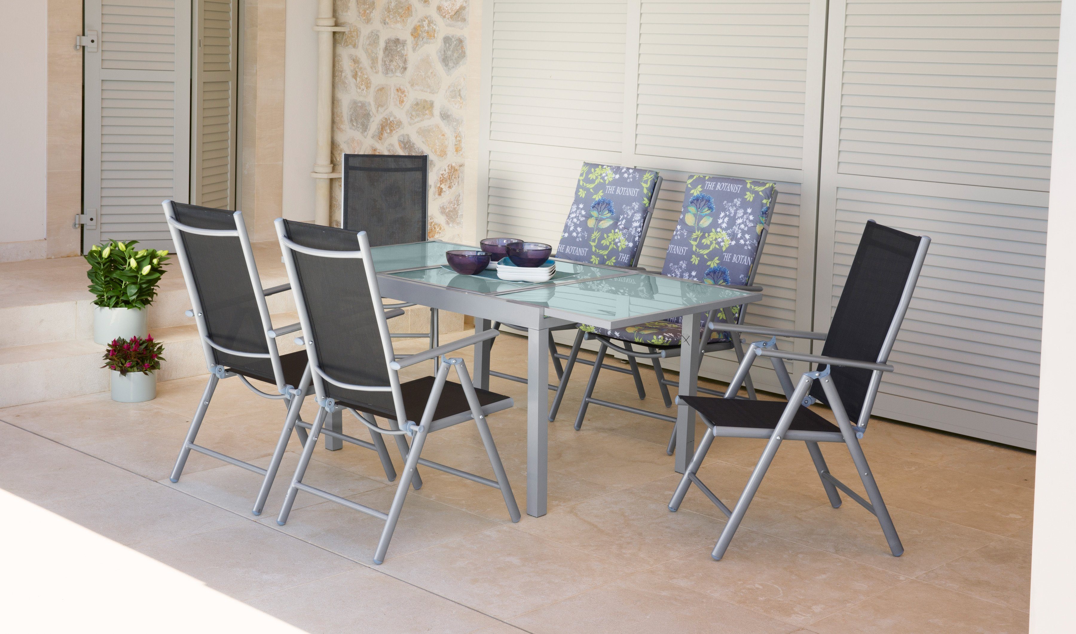 MERXX Garten-Essgruppe Lima, (Set, 7-tlg), inkl. 6 Sesseln und ausziehbarem Tisch (120 - 180 cm)