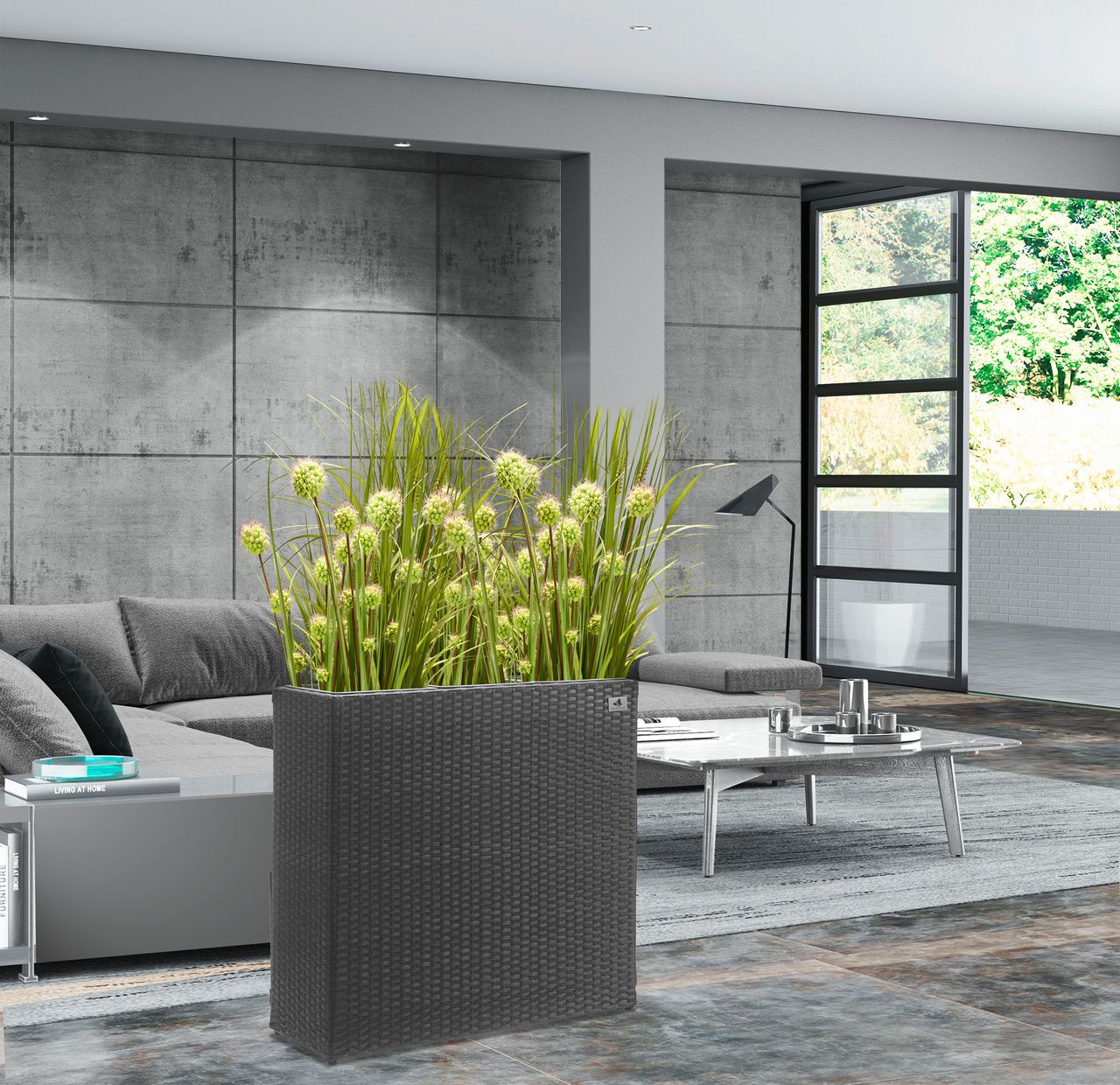 Weles Raumteiler Pflanzkübel Polyrattan 76x26x73cm, anthrazit, 3x Kunststoff-Einsätze, mit Aluminiun-Füßen