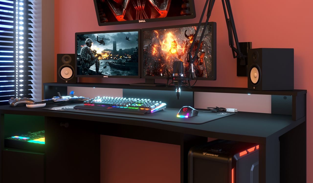 Parisot Gaming 2 - Gamertisch mit Regal, LED Beleuchtung mit Farbwechsel