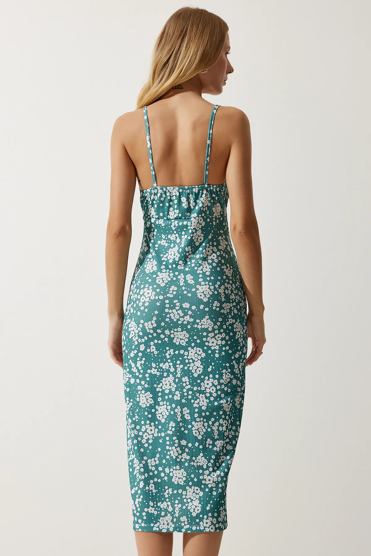Happiness İstanbul  Hellpetrolgrünes Sommer-Strickkleid mit Blumenmuster und Schlitz für Damen CI00029
