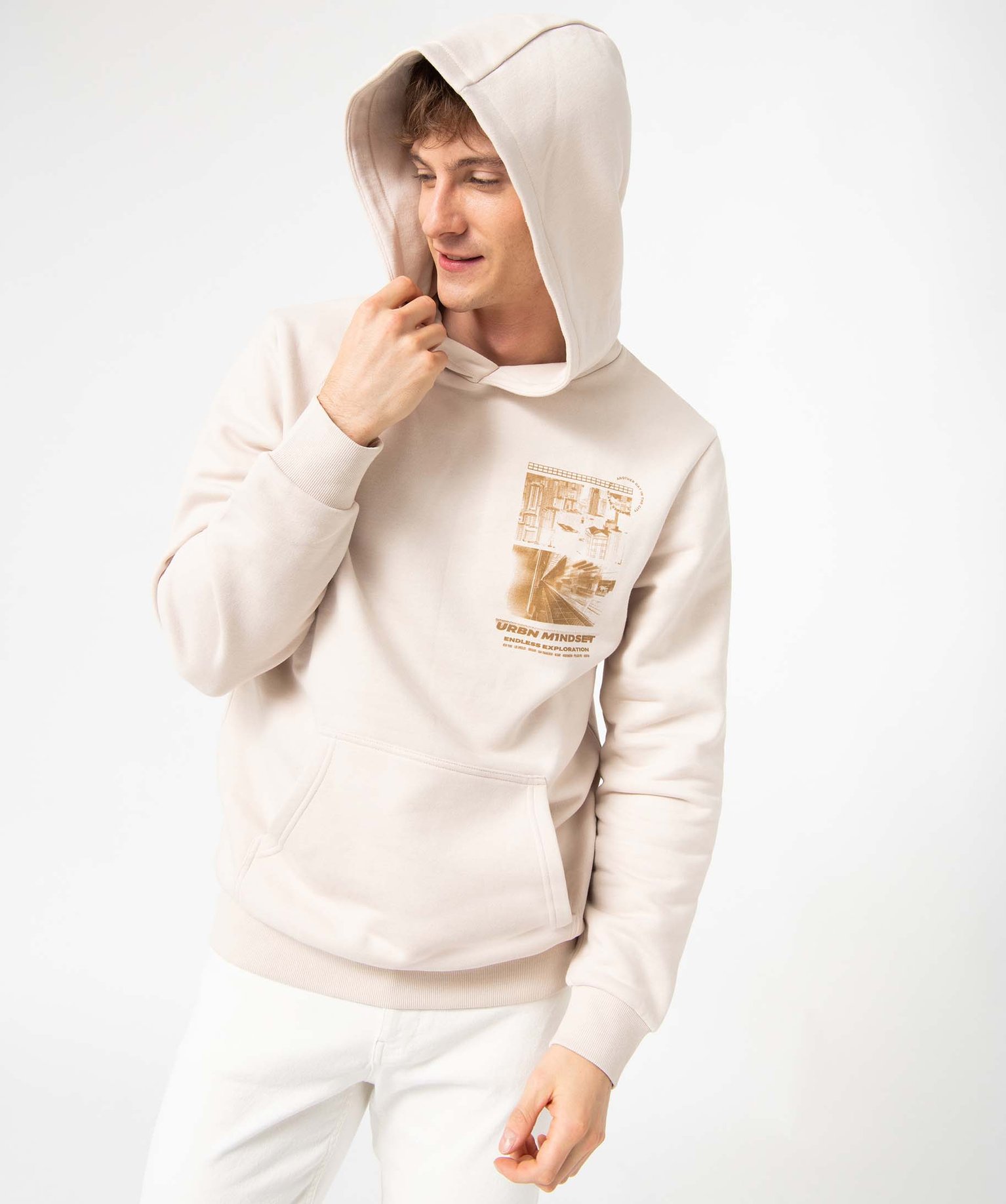 Sweat homme à capuche avec motif streetwear ecru | GEMO