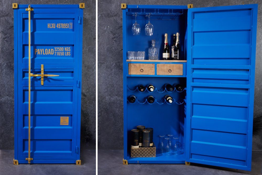 riess-ambiente Barschrank GLOBETROTTER 180cm blau / gold (Einzelartikel, 1-St) Wohnzimmer · Metall · für Alkohol · Küche · Container · Industrial