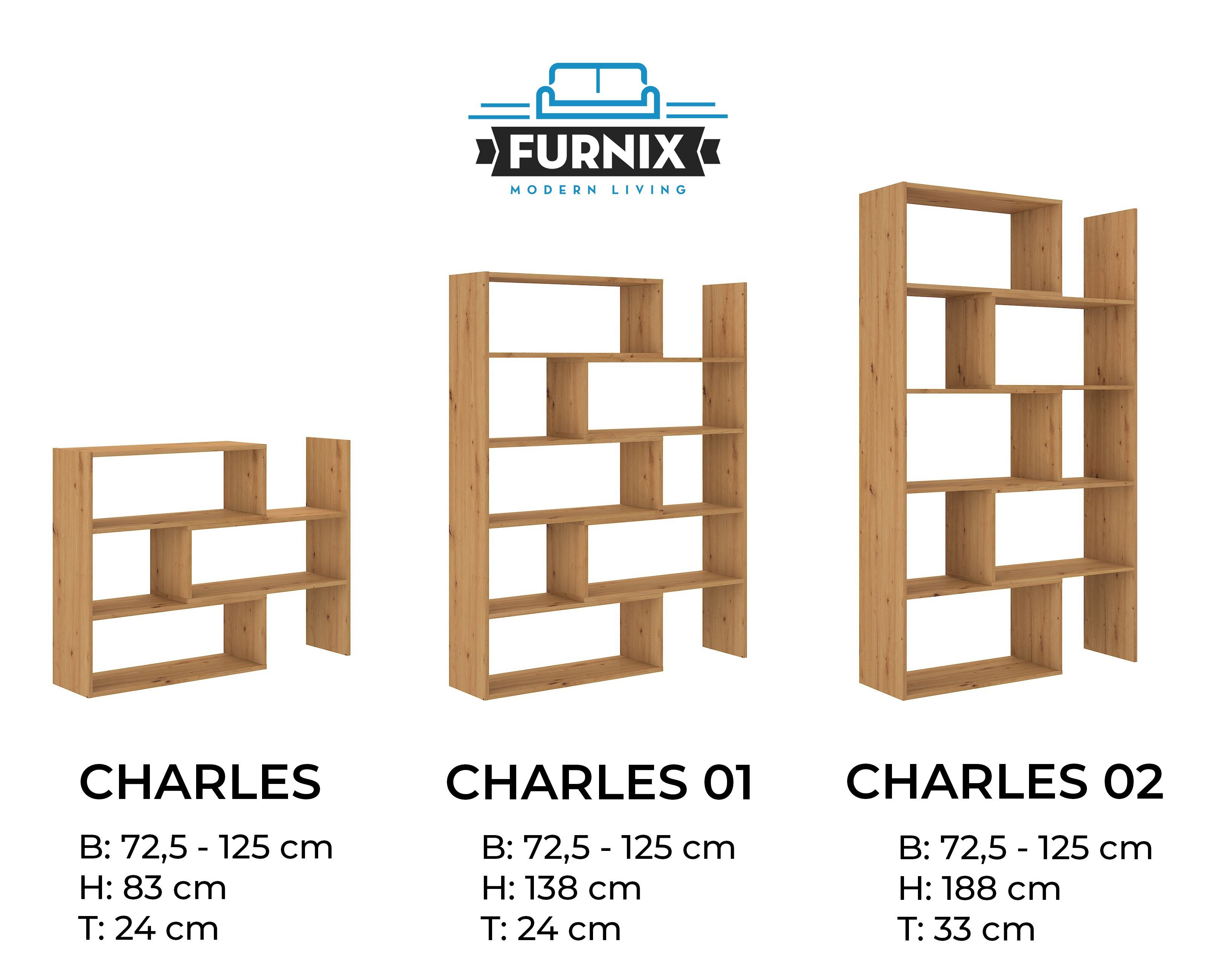 Furnix Raumteiler CHARLES Wandregal ausziehbar Bücherregal Auswahl, 3 Varianten in je 3 Farben