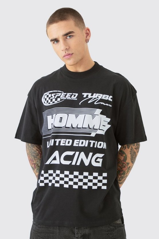 Oversize T-Shirt mit Homme Moto Print