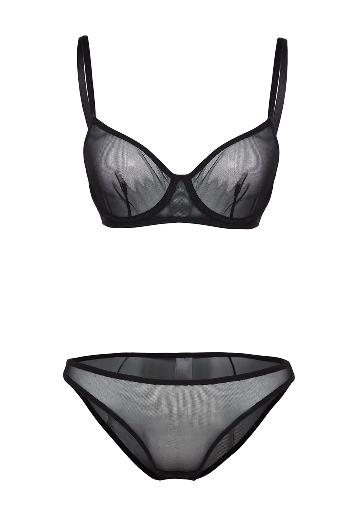 Trendyol Collection  Schwarzes, unbedecktes Unterwäscheset aus Strick mit Tüllkordelriemen THMSS23CC00034