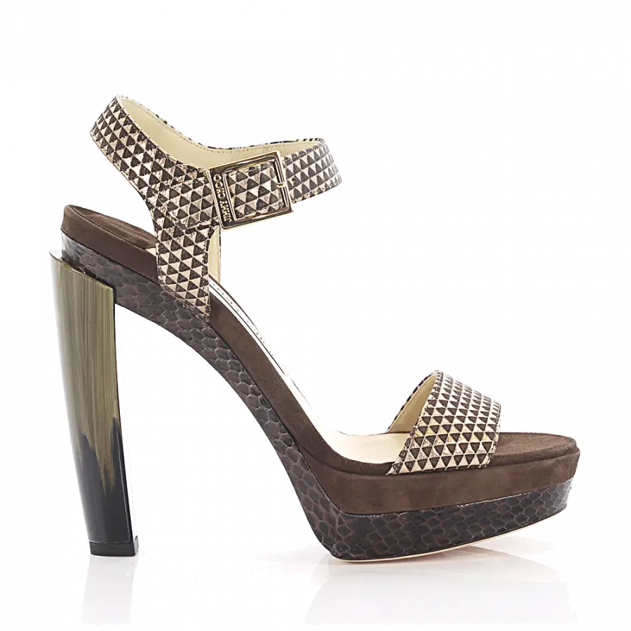 Jimmy Choo - Sandalen Dora Plateau Leder gold metallic finished Veloursleder braun Schlangenprägung - beige
