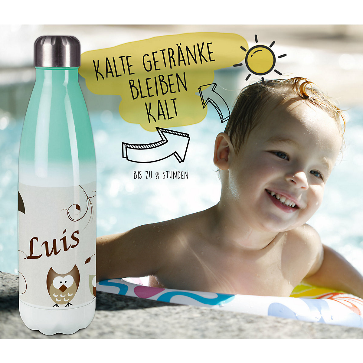 Edelstahl Kinder Thermoflasche / Trinkflasche bunt Eule Farbe beige Spülmaschinenfest, Auslaufsicher, Bruchfest, Doppelwandig, Für Heißgetränke geeignet, Mit Deckel, Isoliert