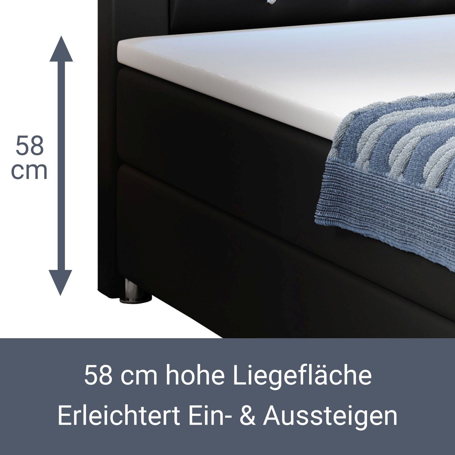 Juskys Boxspringbett Montana, 120x200 cm, Einzelbett mit Topper, Kopfteil und LED-Beleuchtung