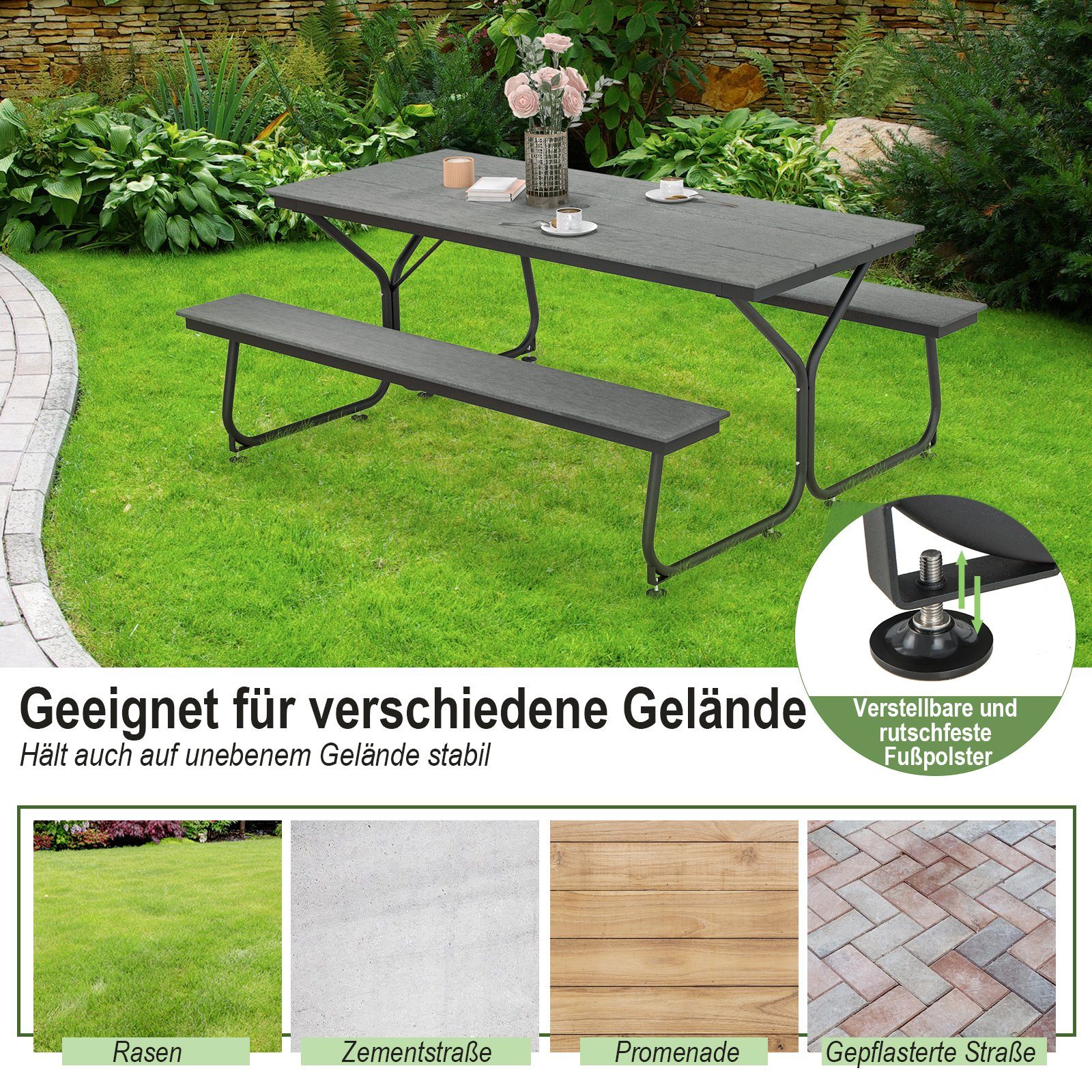 COSTWAY Bierzeltgarnitur 1 Biertisch & 2 Bänke, (3-tlg), mit 183 x 78,5 cm Tischplatte