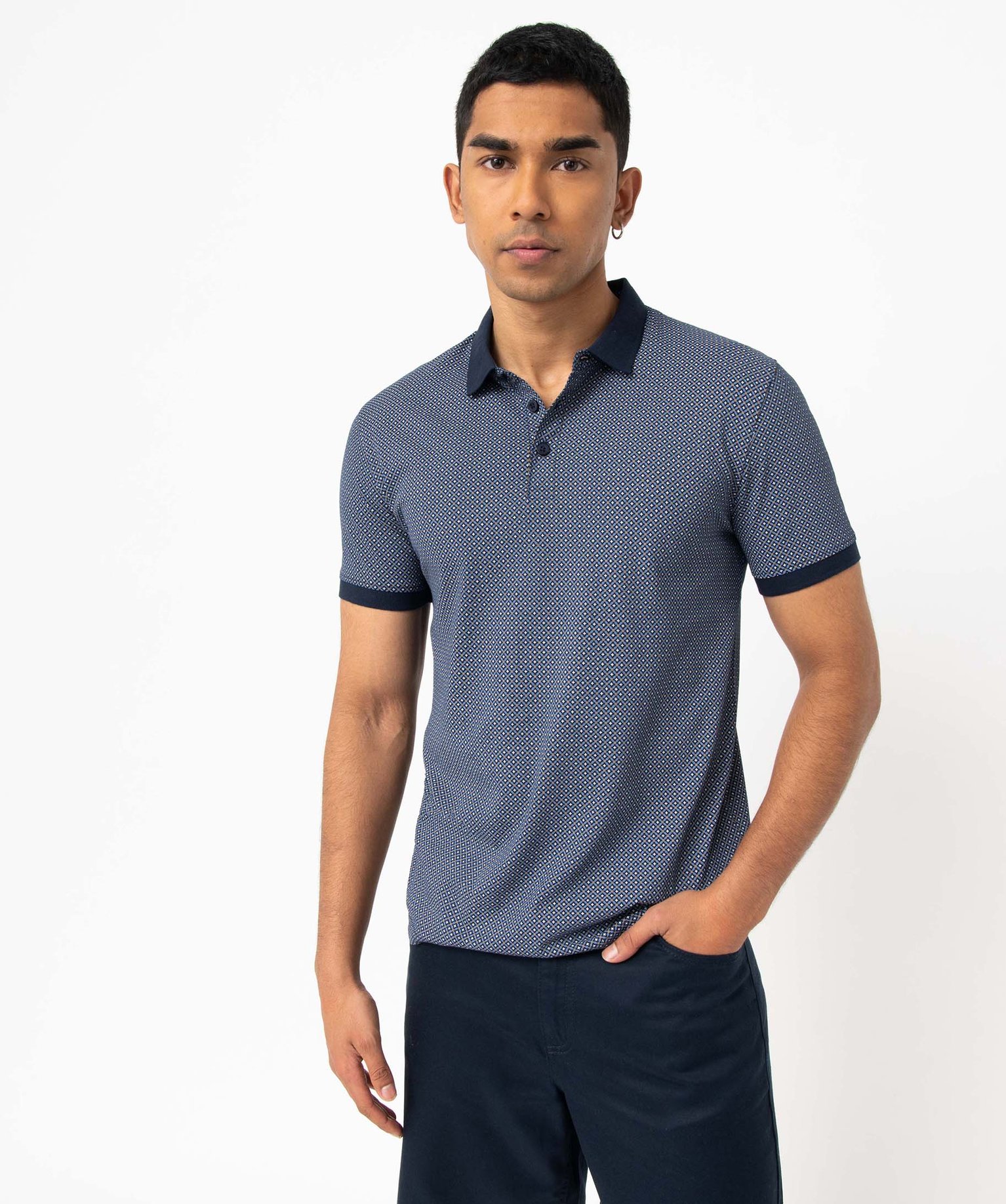 Polo homme à manches courtes et petits motifs bleu fonce | GEMO