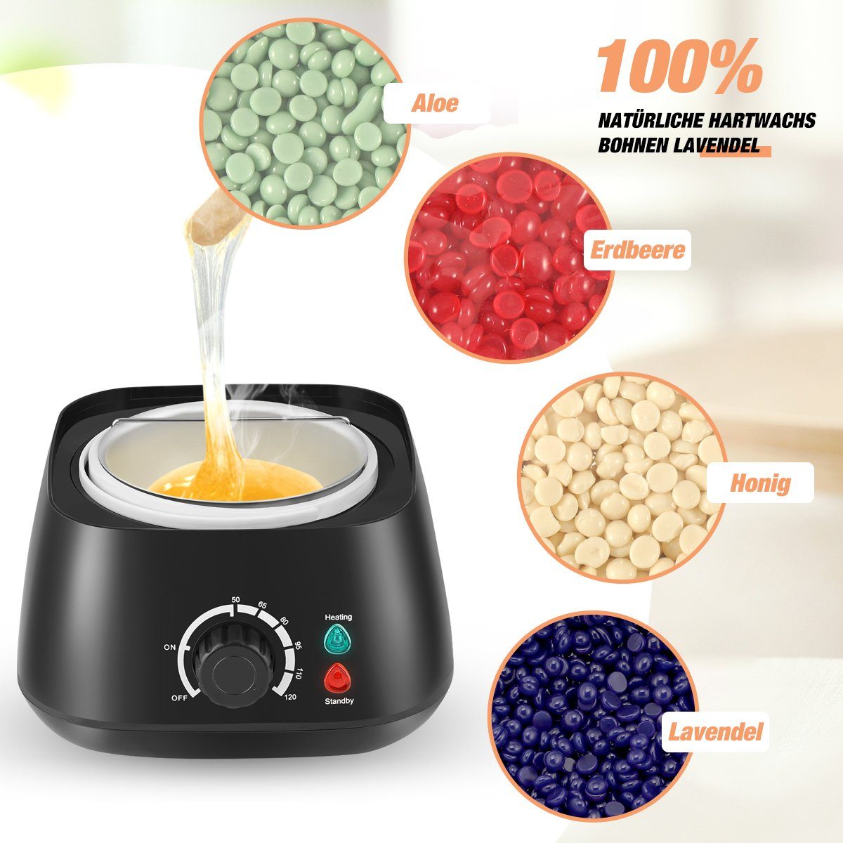 LETGOSPT Haarentferner-Set Wachswärmer, Wax Haarentfernung Heater für Gesicht, Bikini Zu Hause, Mit 4x100g Wachsperlen, 20 Stock, 5 Foil Bowls