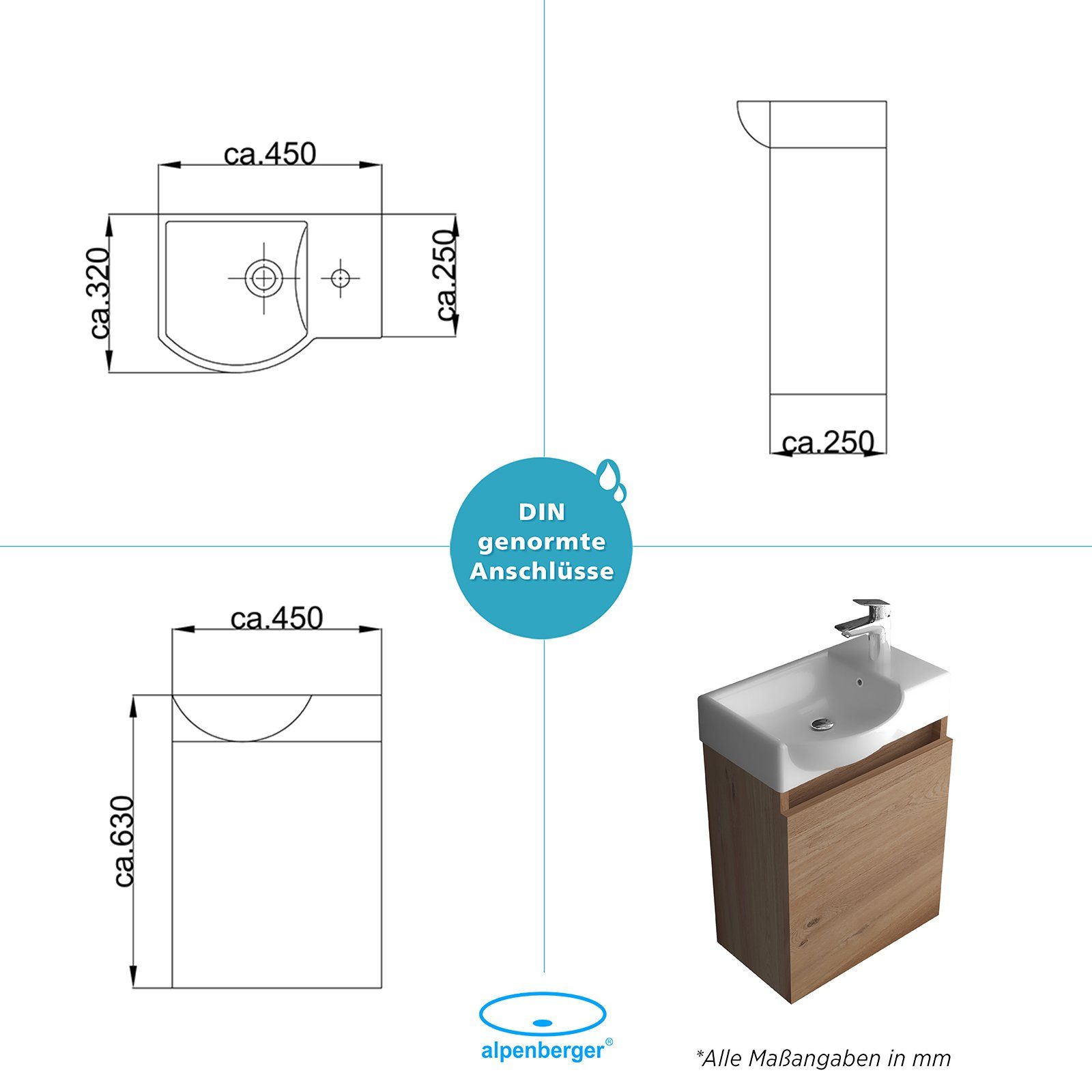 Alpenberger Waschbecken Gäste WC Waschbecken mit Unterschrank - Hängeschrank Vormontiert (Waschbecken Komplett Set, Badmöbel+Set - Bad Unterschrank), Waschtisch mit Unterschrank Braun - Gäste Waschbecken