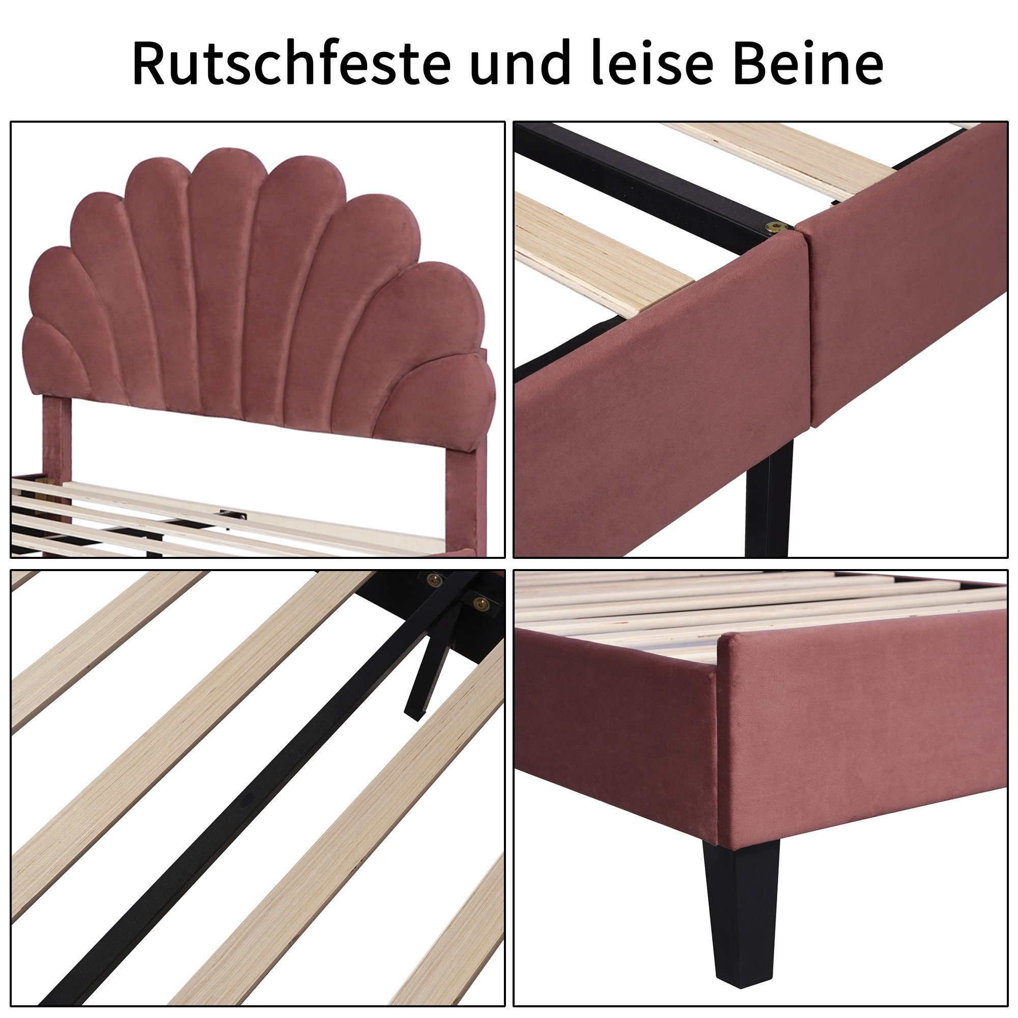 SEEZSSA Polsterbett Polsterbett 140x200cm Doppelbett Bettgestell Gästebett mit Kopfteil, Blumenform und Lattenrost, Kinderbett in hautfreundlichem Samtstoff