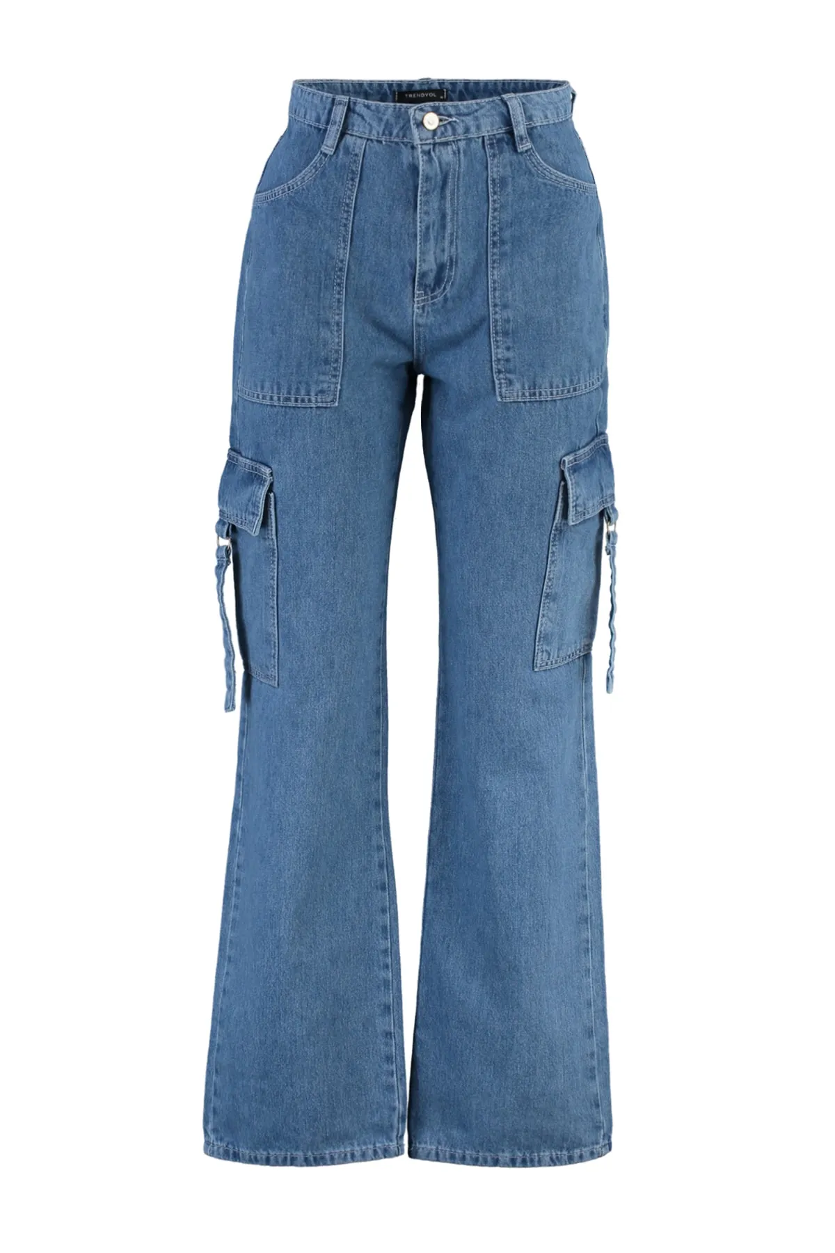 Trendyol Collection  Blaue Jeans mit hoher Taille und weitem Bein und Cargo-Taschen TWOSS22JE0657