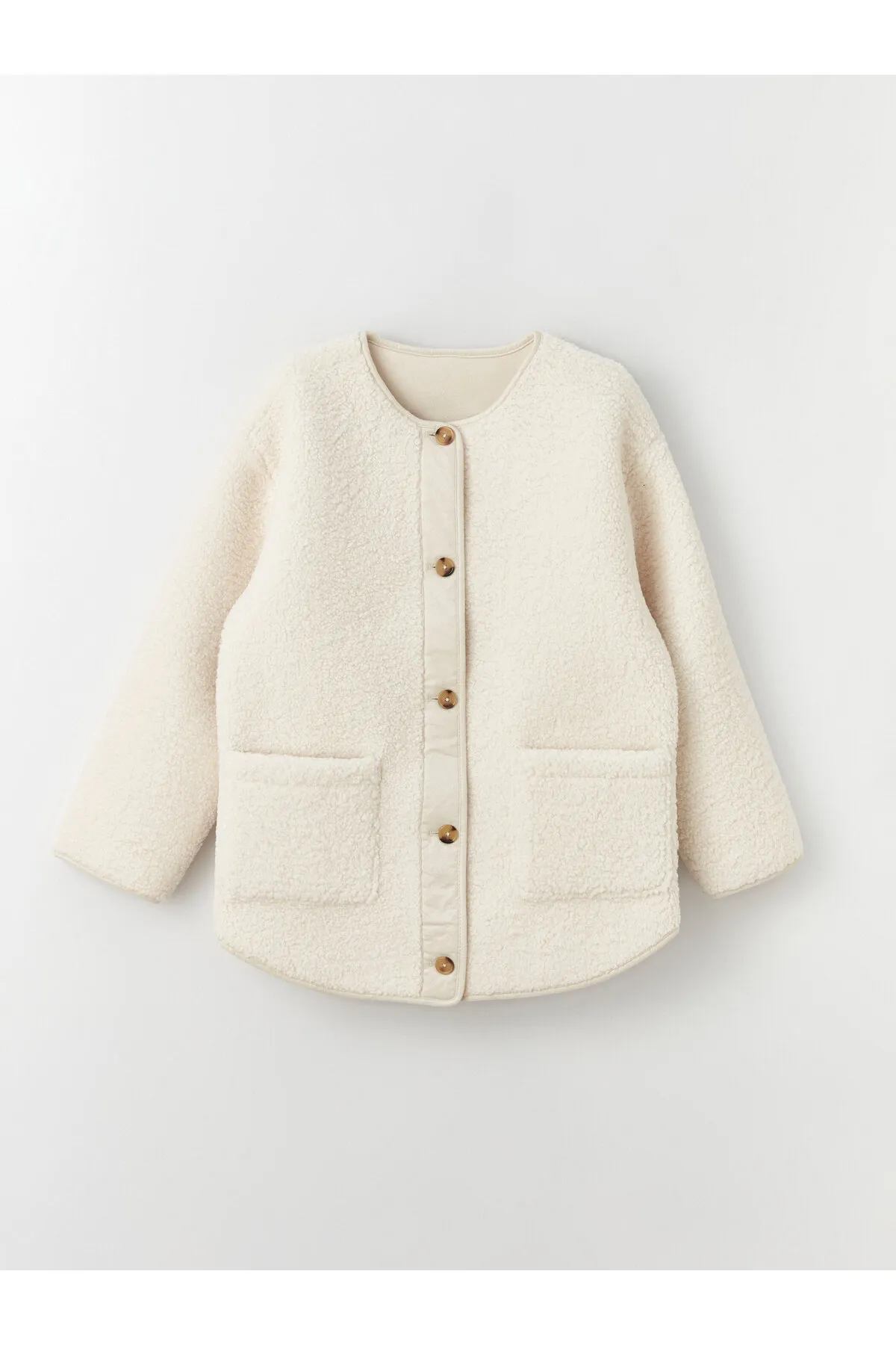 LC Waikiki  Einfarbiger Teddymantel mit Rundhalsausschnitt für Damen