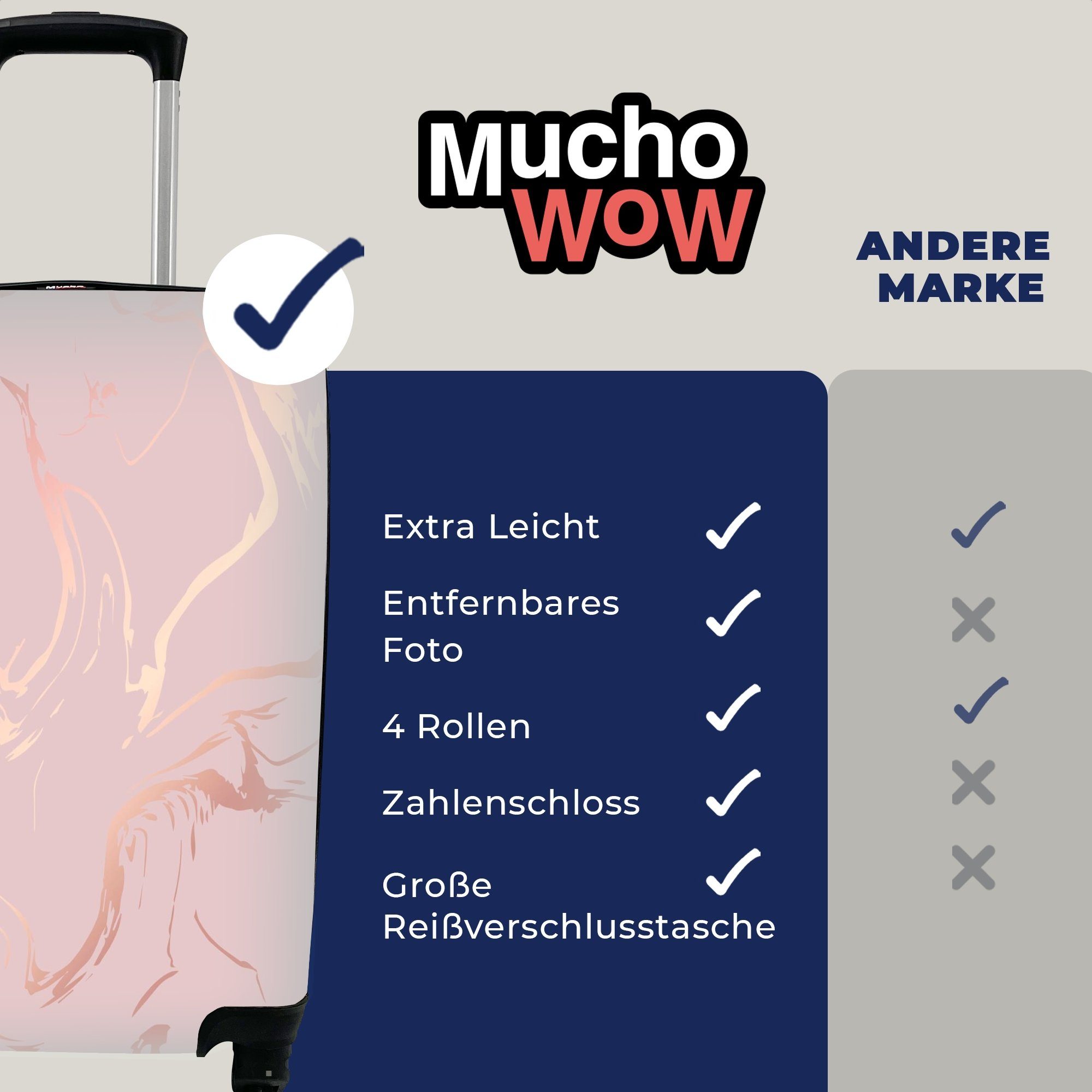 MuchoWow Handgepäckkoffer Marmor - Roségold - Linie, 4 Rollen, Reisetasche mit rollen, Handgepäck für Ferien, Trolley, Reisekoffer