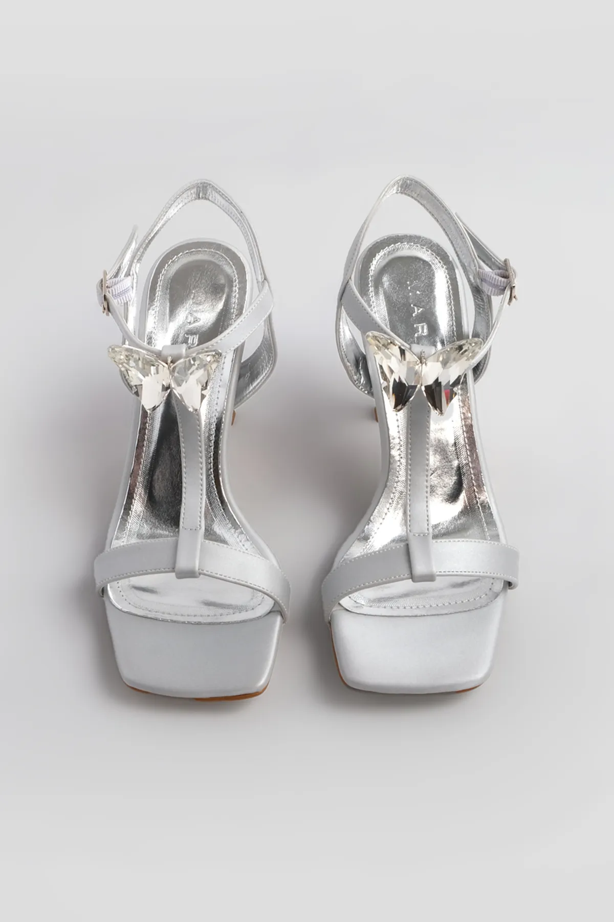 Marjin  Damen Blunt Toe Knöchelriemen Stoned Abendkleid Schuhe mit Absatz Neros Silber