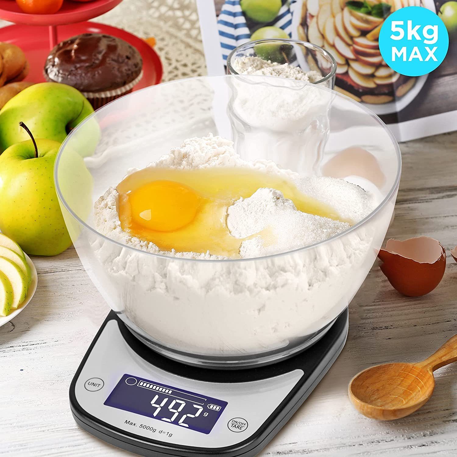 Duronic Küchenwaage, KS5000 BK/CR Küchenwaage, 5 kg Digitalwaage oval mit 2,5 L Schüssel