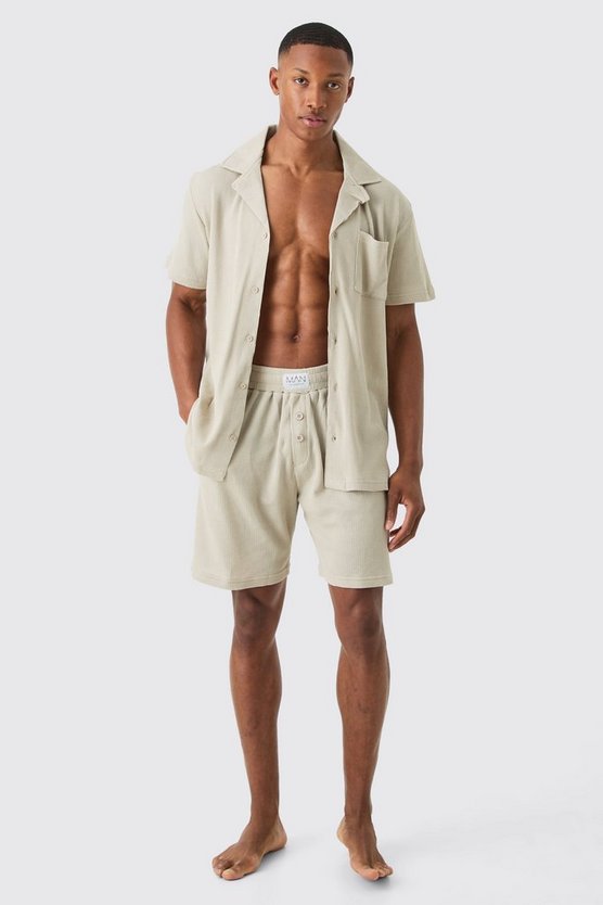 Loungewear-Hemd und Shorts in Waffeloptik
