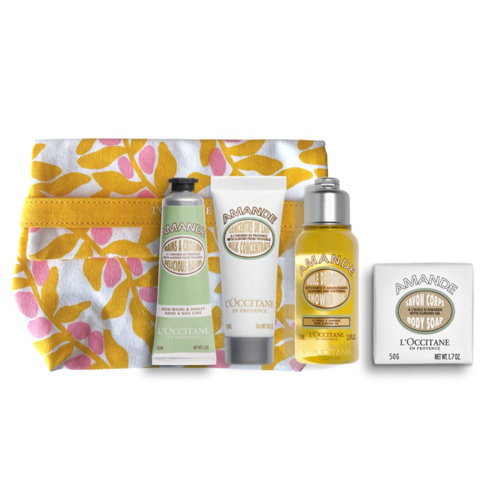 L&'OCCITANE Mandel Täschchen = Mandel Handcreme 30 ml + Mandel Duschöl 75 ml + Mandel Körpercreme 20 ml + Mandel Seife