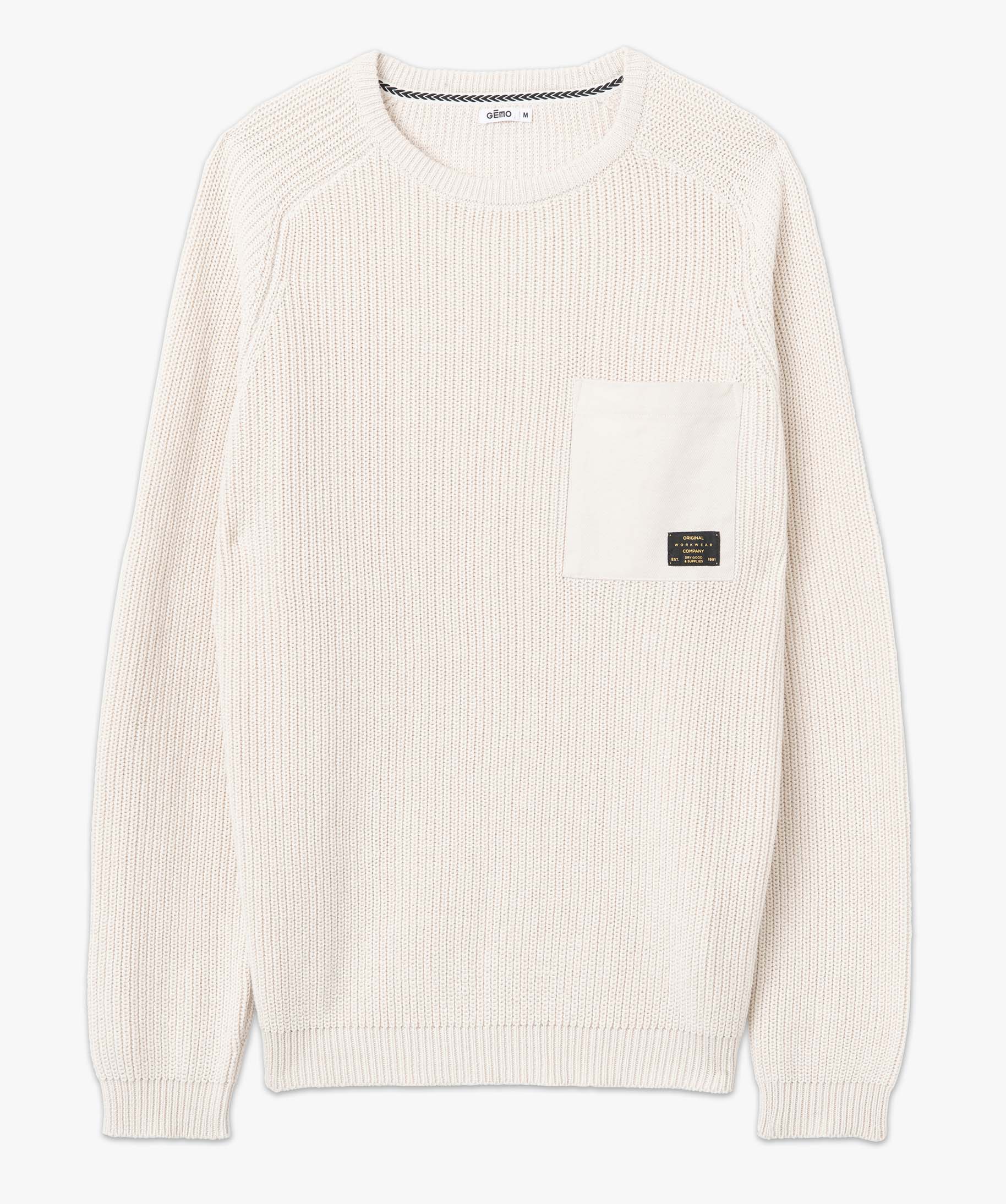 Pull homme uni en grosse maille avec empiècements ecru | GEMO