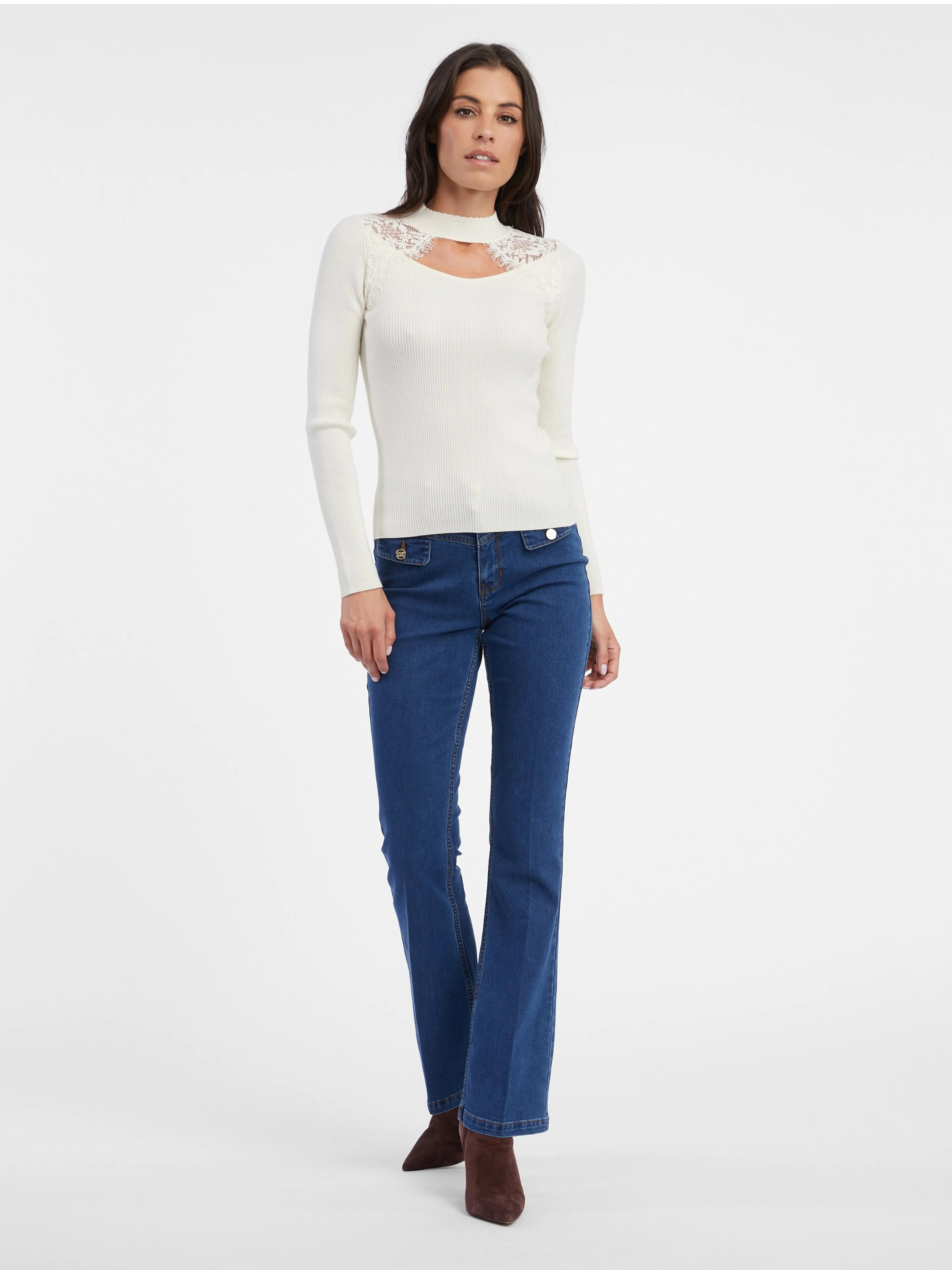 Cremefarbener leichter Damenpullover mit Spitze ORSAY
