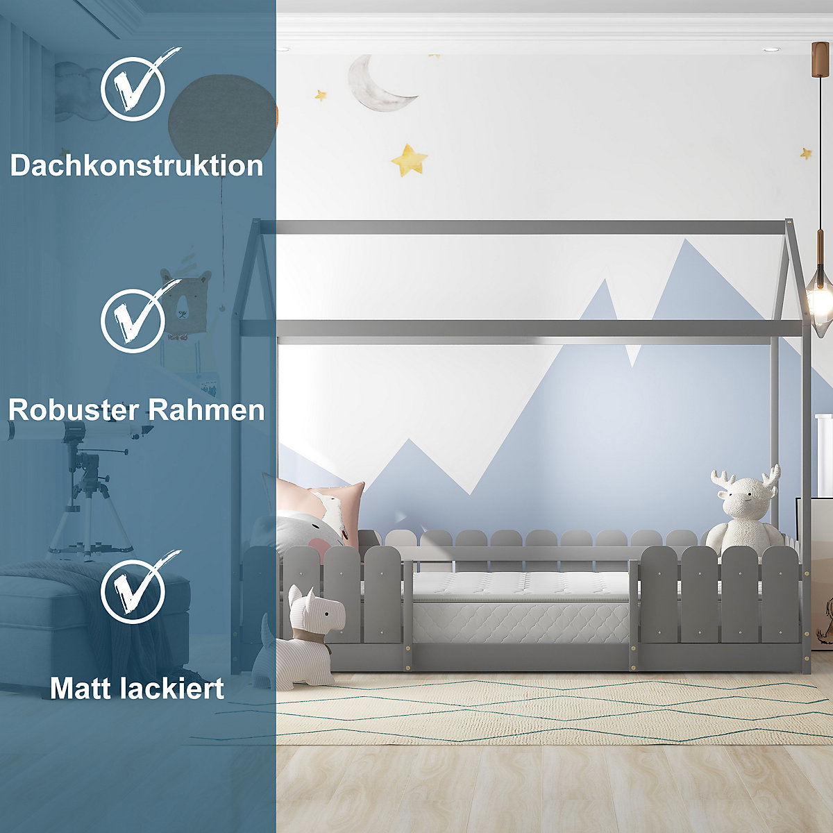 Hausbett 90x200 cm mit Rausfallschutz und Lattenrost aus Massivholz