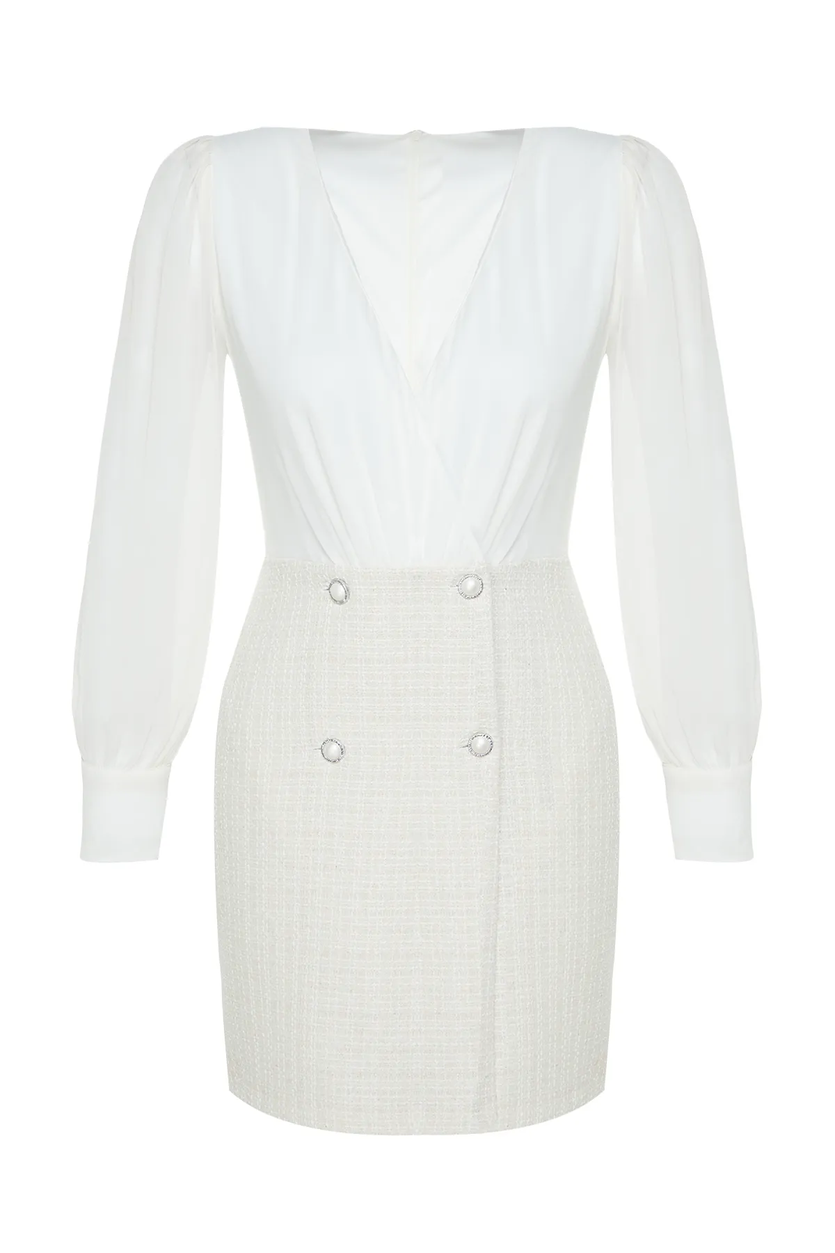 Trendyol Collection  Ecru Zweireihiges, gefüttertes Mini-Jackenkleid mit V-Ausschnitt und Webjacke TWOAW24EL00659