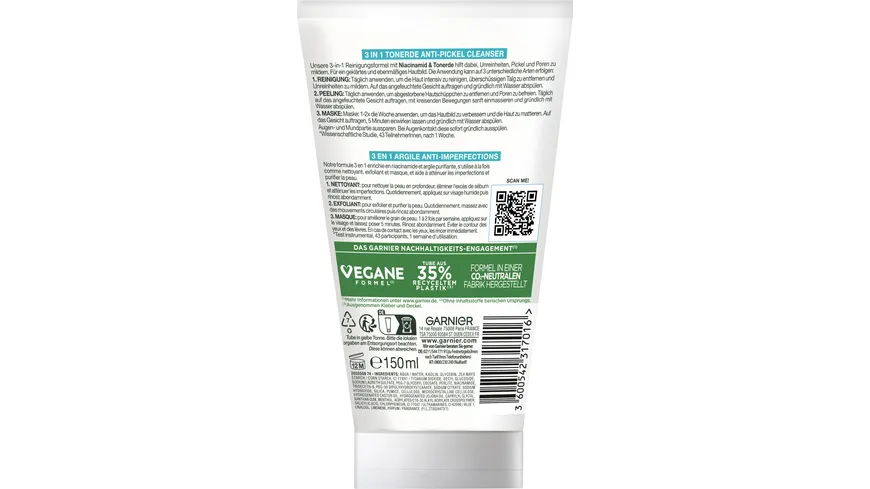 Garnier Hautklar 3in1 Reinigung+Peeling+Maske - Effiktive Pflege für unreine und fettige Haut für ein klares Hautbild 150 ml