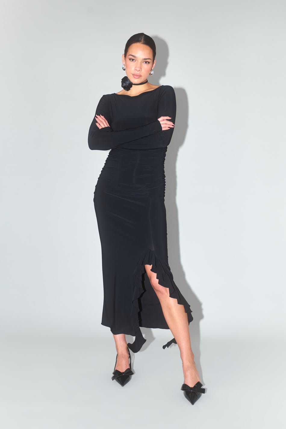 Frill slit midi dress