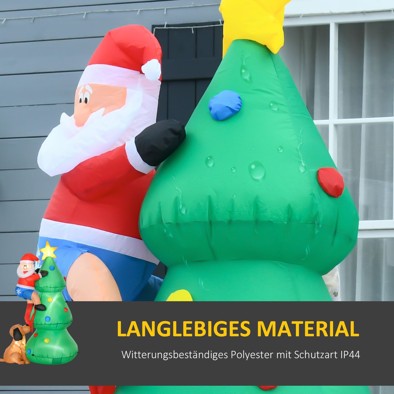 HOMCOM Aufblasbarer Weihnachtsbaum mit Weihnachtsmann und dem Hund 180 cm Weihnachtsdeko Weihnachtsbeleuchtung LED Selbstaufblasend Polyester Grün 123 x 85 x 180 cm