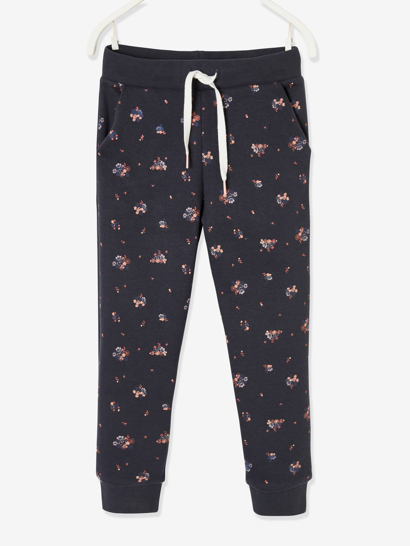Pantalon jogging imprimé fleurs fille en molleton violet imprimé