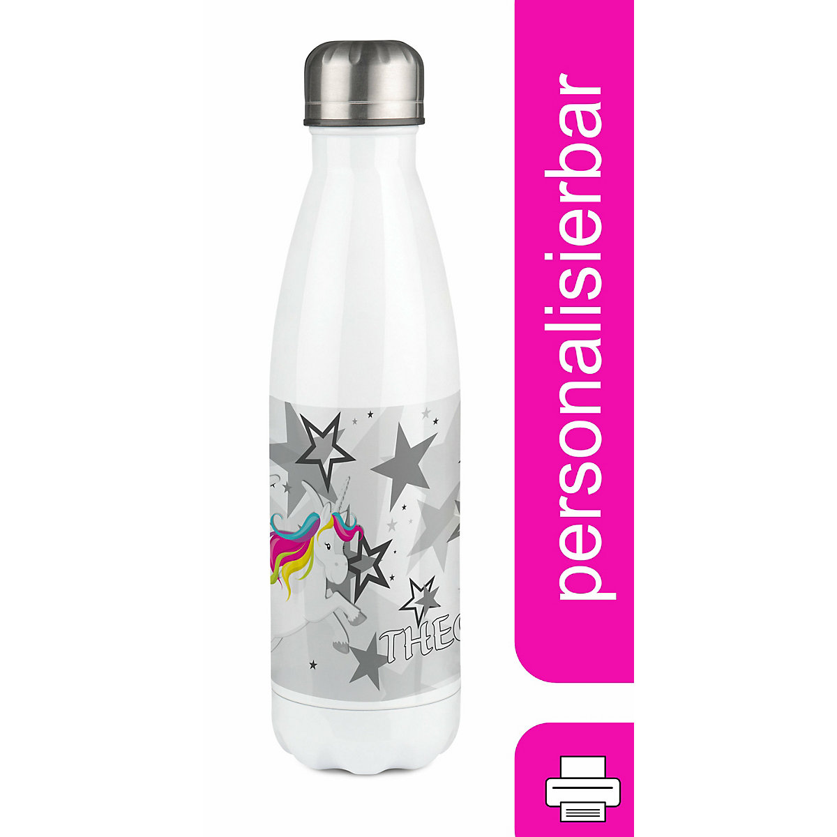 Edelstahl Kinder Thermoflasche / Trinkflasche bunt Pegasus Sterne Farbe grau Spülmaschinenfest, Auslaufsicher, Bruchfest, Doppelwandig, Für Heißgetränke geeignet, Mit Deckel, Isoliert