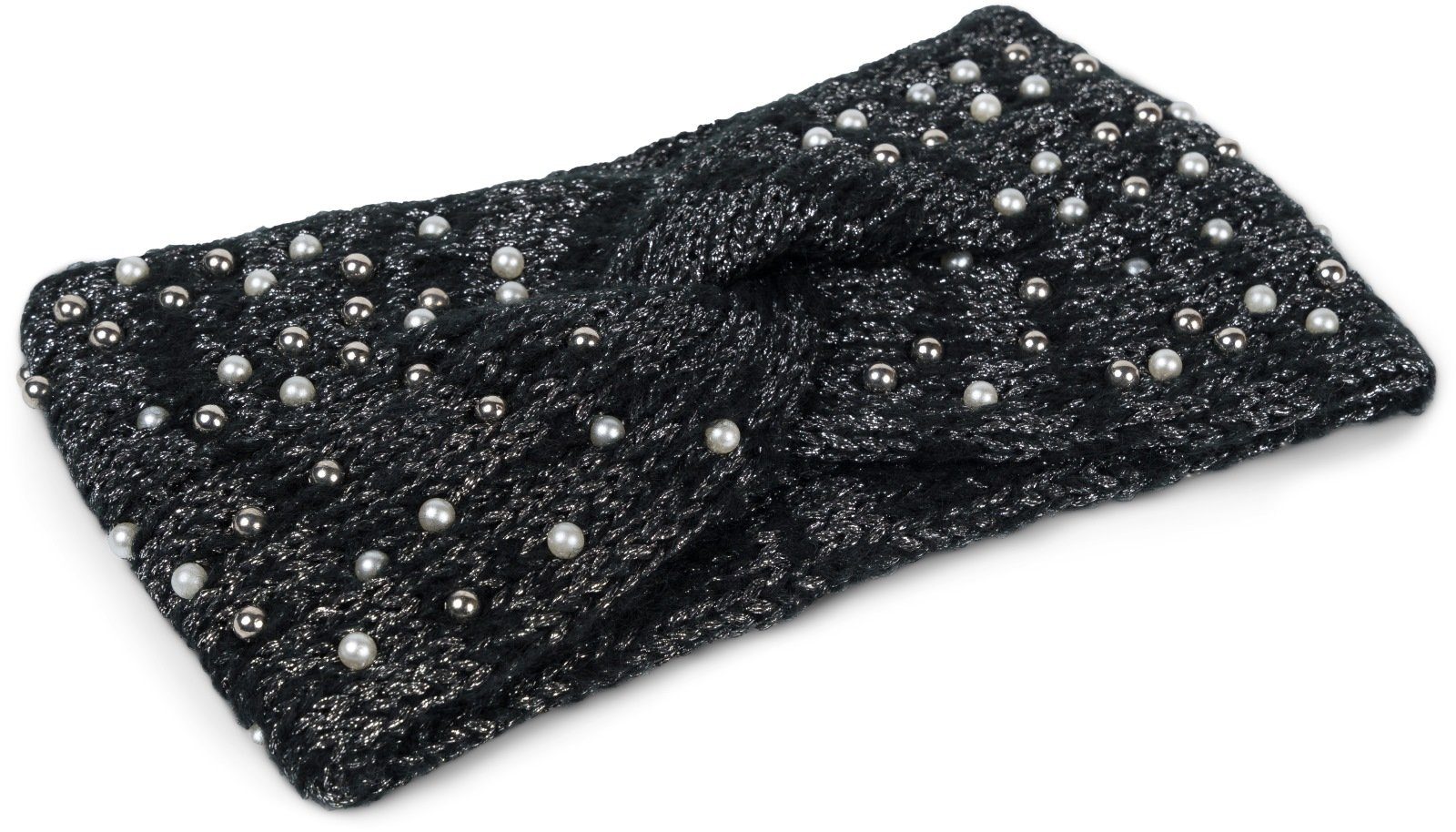 styleBREAKER Stirnband (1-St) Strick Stirnband Perlen Metallic Faden und Knoten Detail