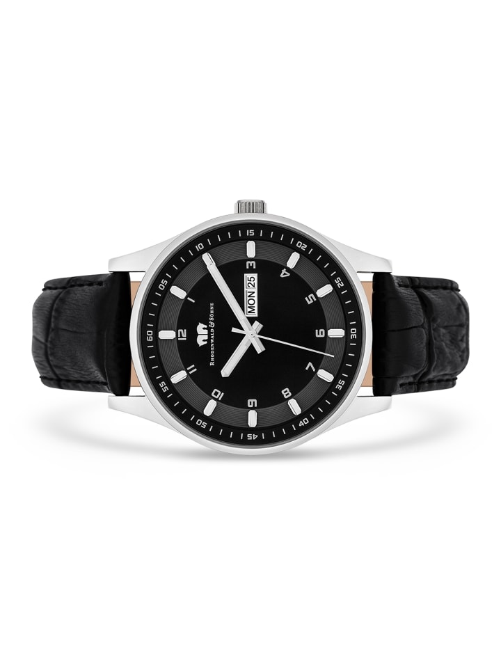 Rhodenwald & Söhne Herren Quarzuhr silber Echtleder schwarz in schwarz günstig kaufen 20 cm