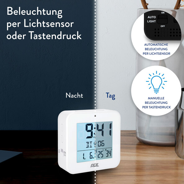 Digitaler DCF-Funkwecker, quadratisch, weiß