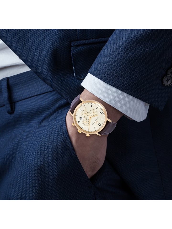 Rhodenwald & Söhne Herren Chronograph gelbgold Echtleder braun in braun günstig kaufen 21 cm